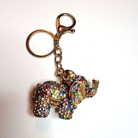 Multi Colored Crystal Gold Toned Elephant Keychain - Picture 1 of 7